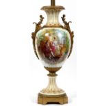 SEVRES HAND PAINTED PORCELAIN BASE TABLE LAMP, 19TH C., H 44"Parlor scene. Two figures seated.