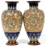 DOULTON BURSLEM CHINE WARE POTTERY VASES, C. 1900, PAIR, H 14"Each has a golden floral tapestry-like