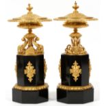 NAPOLEON III GILT BRONZE-MOUNTED BLACK MARBLE CASSOULETS, C. 1860, PAIR, H 12"On octagonal, black