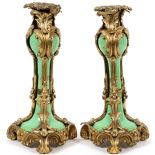 SEVRES QUALITY POTTERY & BRONZE-MOUNTED CANDLESTICKS, PAIR, H 9 1/2"Each apple green glazed