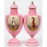 CONTINENTAL GLASS PORTRAIT COVERED URNS, C. 1880, PAIR, H 16", DIA 7"Probably Bohemian, each has a