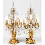 FRENCH D'ORE BRONZE FIGURAL CANDELABRA, PAIR, H 34", W 17"With hanging crystal prisms.- For High