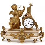 FRENCH GILT BRONZE & ONYX FIGURAL CLOCK, LATE 19TH C., H 13"Under blown glass dome. Having figure of