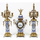 GERMAN PORCELAIN & BRASS MANTEL CLOCK & FIVE-LIGHT CANDELABRA, C. 1880, PAIR, H 25 1/2", W 8"A