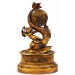 FRENCH STYLE BRONZE FIGURAL CLOCK, LATE 19TH C., H 15 1/2", W 9"Depicting Cupid playing a harp and