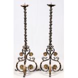 WROUGHT IRON FLOOR STANDING CANDLE PRICKETS, PAIR, H 59", W 17"Hand wrought, with raised floral