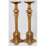 FRENCH HAND-CARVED & GILT WOOD PEDESTALS, 19TH C., PAIR, H 69", DIA 20"Having acanthus leaf design.-