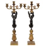 EMPIRE STYLE BRONZE THREE-LIGHT FIGURAL CANDELABRA, PAIR, H 24"Black painted allegorical figures