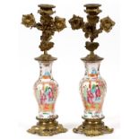 CHINESE EXPORT PORCELAIN & BRONZE-MOUNTED CANDLE HOLDERS, PAIR, H 12 3/4"Each Chinese Export