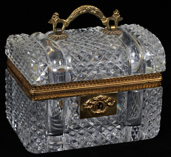 FRENCH ANTIQUE CRYSTAL CASQUE, H 5 1/2", L 3 1/2"A rectangular crystal box with gilt mounted handle,