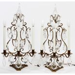 CRYSTAL & PATINATED METAL THREE-LIGHT SCONCES, PAIR, H 24", W 10"A pair of three-light wall