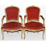 FRENCH LOUIS XV PAINTED WOOD OPEN ARM CHAIRS C.1900 H 33" W 22"Rose velvet upholstered backs and