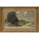 OIL ON CANVAS, C. 1900-1920, H 12", W 21", BEACH SCENEUnsigned. Depicting row boat front right,