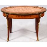 FRENCH LOUIS XV STYLE MAHOGANY WITH FRUITWOOD VENEER & INLAY OVAL TABLE, 19TH C, H 20", W 23", L