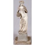 CARVED SANDSTONE GARDEN FIGURE, GIRL WITH FLOWERS H 44", L 14"Sandstone allegorical garden