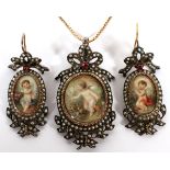 EUROPEAN HAND PAINTED PENDANT AND EARRINGS, 3 PIECES, L 17"Accented by seed pearls. Weighing