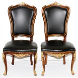 LOUIS XV STYLE BRONZE MOUNTED LEATHER AND MAHOGANY SIDE CHAIRS PAIR H 43.5" W 21"Black leather
