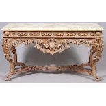 ITALIAN MARBLE TOP CONSOLE, H 36", L 65", D 25"Having a pickled pine carved wood base, central