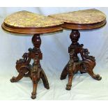 WALNUT HAND CARVED CONSOLE TABLES, PAIR H 28", L 24", D 16"Claw feet and dragon forms. Pair. Circa