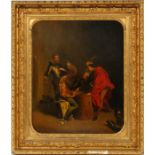OIL ON TIN, 19TH. C., H 16", W 12", FIVE CAVALIERS PLAYING DICEFrench; unsigned; gilt period frame.