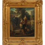 FRENCH OIL ON WOOD PANEL, 19TH C., H 21", W 17"Depicting gentlemen and ladies in a garden. It is