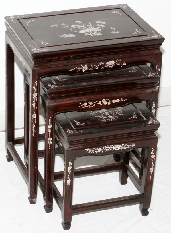 CHINESE ROSEWOOD AND MOTHER OF PEARL NEST OF 3 TABLES H 21.5" L 17.25 D 12.25"- For High