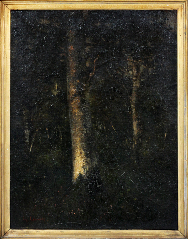BEARS A SIGNATURE READING "G. COURBET" OIL ON CANVAS, H 26", W 20", "TREE TRUNKS OF A FOREST"Framed; - Image 2 of 5