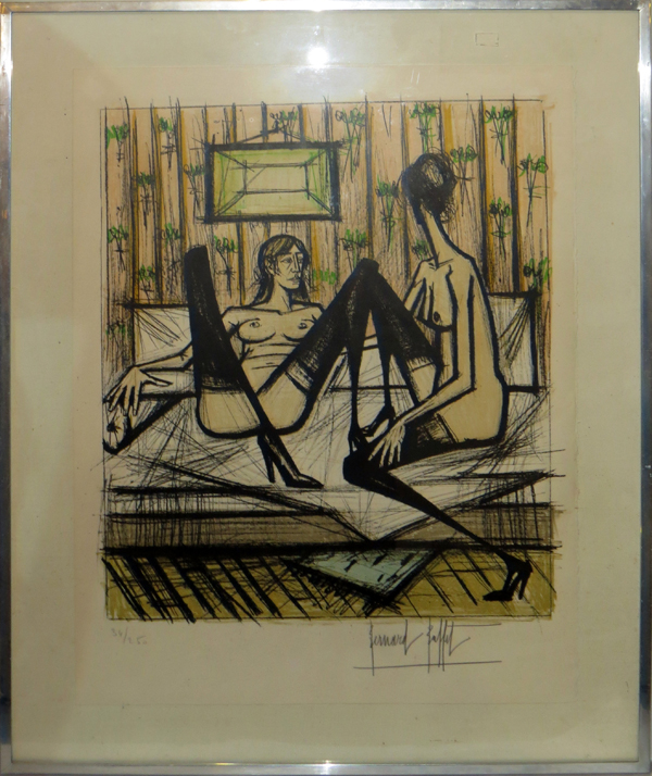 BERNARD BUFFET, COLOR LITHOGRAPH, H 20", W 24", TWO FEMALE NUDES ON A DIVANEdition #34/250, pencil