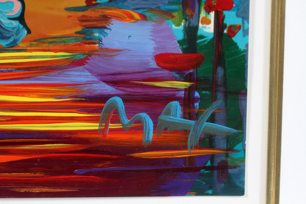 PETER MAX (AMERICAN B. 1937), ACRYLIC ON PAPER, H 10 3/4", W 11", WATER LANDSCAPE WITH BLUSHING - Image 2 of 3