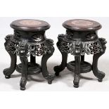 CHINESE MARBLE TOP MINIATURE PEDESTALS, C. 1880-1900, PAIR, H 12 1/2", DIA 10"Rouge marble inset