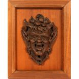 H.M. DARISON CARVED WOOD SATRE MASK MOUNTED TO PLAQUE, H 11", W 9""H.M. Darison" stamped on