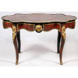 FRENCH 19TH.C. BOULLE ORMOLU MOUNTED WRITING TABLE H 30" W 28" L 51"Black ebony, bronze mounts.