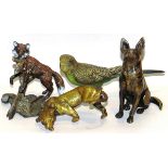 BRONZE ANIMAL FIGURES, FOUR, H 2 - 4 1/2"Including a parakeet, L.7", a German Shepherd, a tiger, and