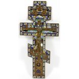 RUSSIAN ORTHODOX ENAMELED BRASS CRUCIFIX, 16 1/4" X 8"Decorated in blue, white, green and yellow