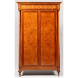 EMPIRE STYLE BURLWOOD VENEERED ARMOIRE, H 84", L 51", D 24"Two doors open to reveal three drawers