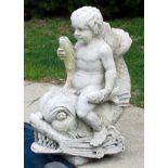 SANDSTONE FOUNTAIN OF BOY ON DOLPHIN AND CHERUB FIGURE W H 35", 31" H 35", 31"Cherubs. Ex John