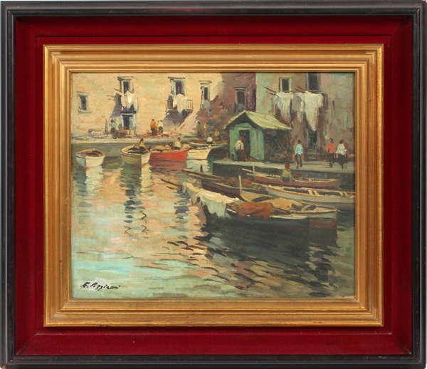 PIZZIZANI, OIL ON CANVAS, H 19", W 15", FISHING BOATS IN HARBORFramed and signed in the lower left