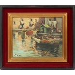 PIZZIZANI, OIL ON CANVAS, H 19", W 15", FISHING BOATS IN HARBORFramed and signed in the lower left