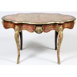 FRENCH EBONY AND BOULE INLAID CENTER TABLE 19TH CENT. H 30" W 30" L 50"Bronze figural mounts.