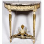 FRENCH MARBLE TOP CONSOLE TABLE, 19TH C., H 32 1/2", L 30 1/2", D 15"Wall mount table with tapered