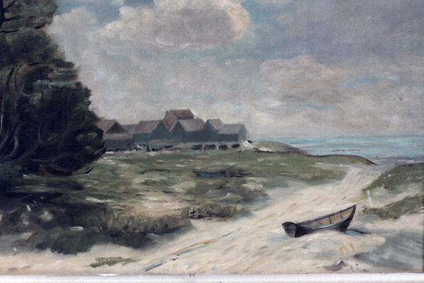OIL ON CANVAS, C. 1900-1920, H 12", W 21", BEACH SCENEUnsigned. Depicting row boat front right, - Image 2 of 3