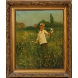 GILBERT GAUL (AMERICAN, 1855-1919), OIL ON CANVAS, H 212", L 17", BOY WITH BOUQUETDepicting a