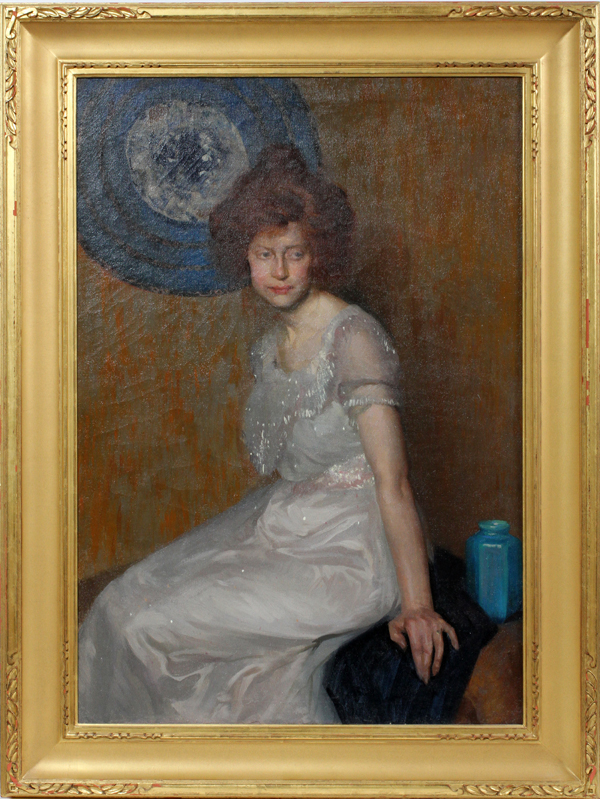 WILL ROWLAND DAVIS (AMERICAN, 1879-1944), OIL ON CANVAS, H 40", W 26", PORTRAIT OF A REDHEADSigned