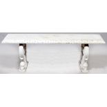 CARVED MARBLE GARDEN BENCH, H 17", L 54", D 18"Dolphin supports. Ca. early 20th c."As Is" condition.