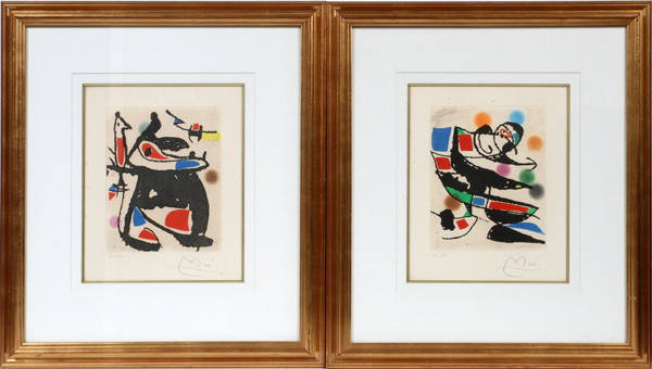 JOAN MIRO (SPANISH 1893-1983), COLOR AQUATINTS, 2, PLATE SIZE: H 11", W 8 3/4"