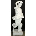 CARVED MARBLE STANDING FIGURE, H 61", FEMALE FIGURE WITH FLORAL CROWNItalian, hand carved.Good