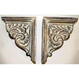 HAND CARVED WOOD BRACKETS, FOUR, H 9", L 7"In acanthus leaf design. A total of four pieces.One has a