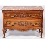 FRENCH 2 DRAWER WALNUT & MARBLE TOP COMMODE, H 47", L 23", D 34"Water damage on side. ED- For High