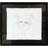 RON DIAS, DRAWING ON LINEN NAPKIN, C. 1994, H 18", W 19 1/2"Signed lower right. Framed.- For High