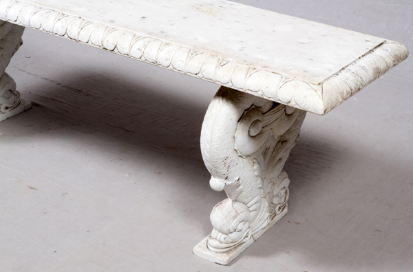 CARVED MARBLE GARDEN BENCH, H 17", L 54", D 18"Dolphin supports. Ca. early 20th c."As Is" condition. - Image 2 of 3